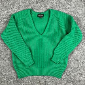 Curry Knits Sweater Womens Size S Green Wool Blend Ribbed V-Neck Pullover VTG